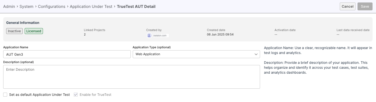 TrueTest AUT Detail page