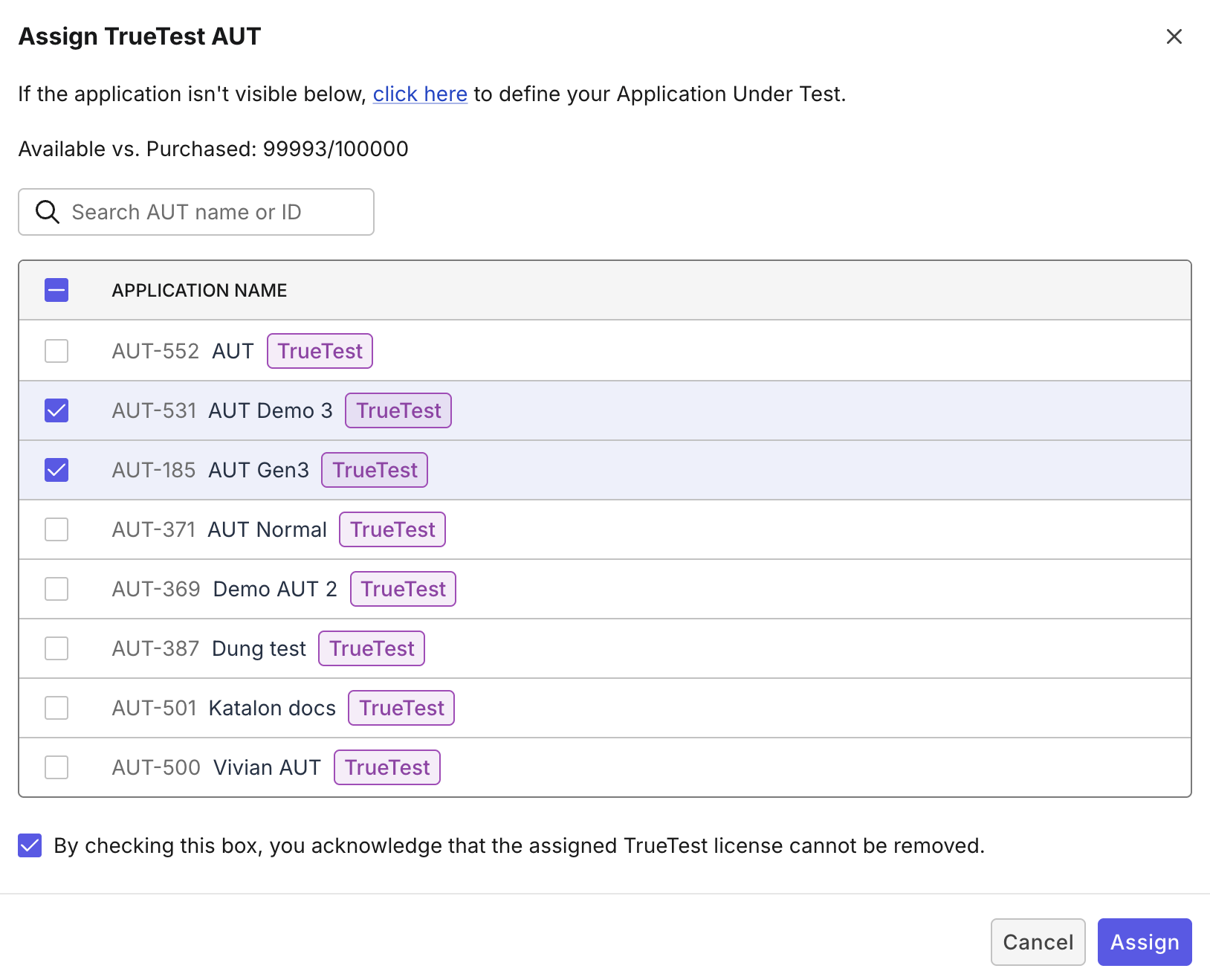 Assign AUT license dialog