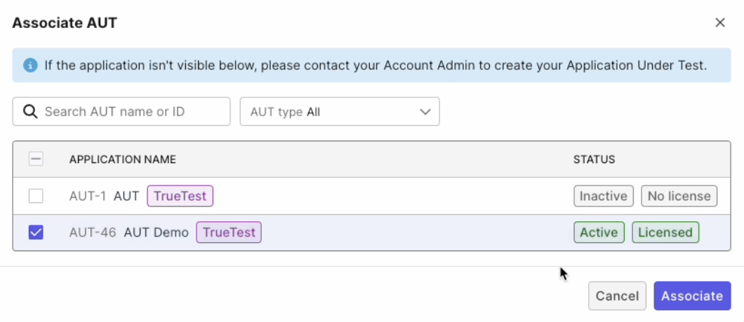 Associate AUT dialog