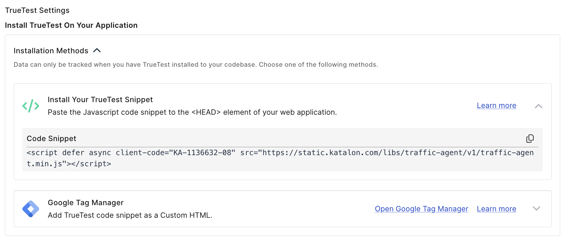 install true test snippet code