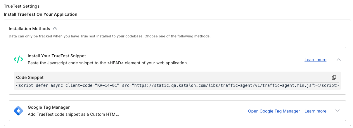 install true test snippet code