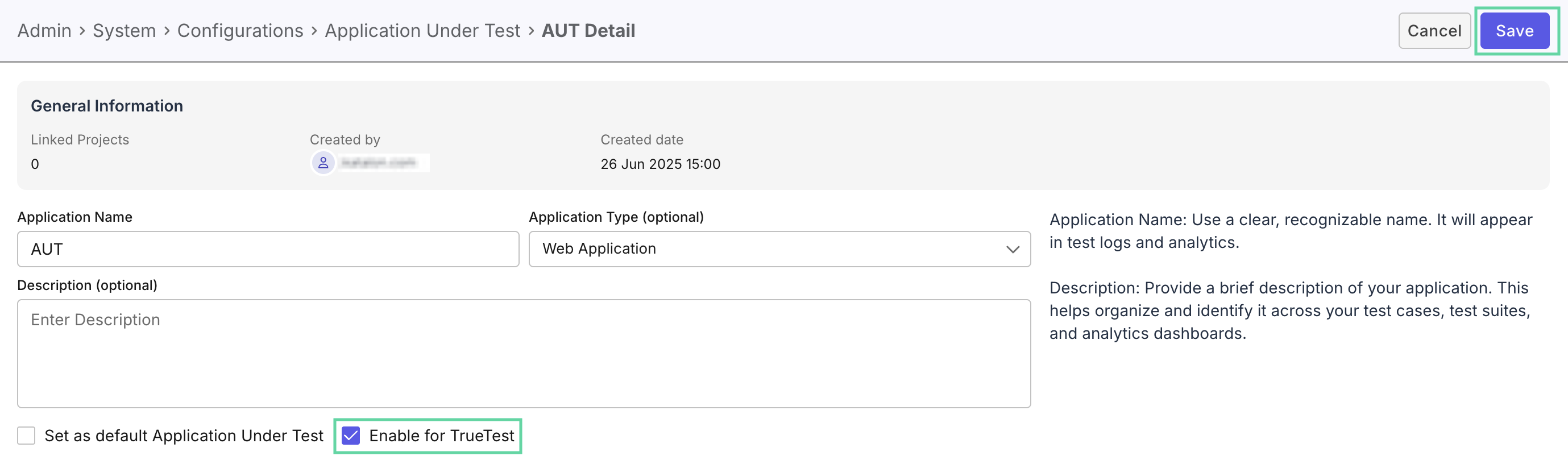 TrueTest AUT Detail page