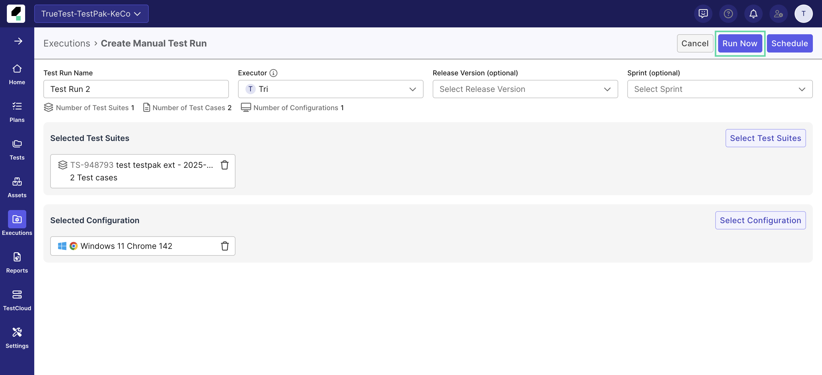 Create manual test run page