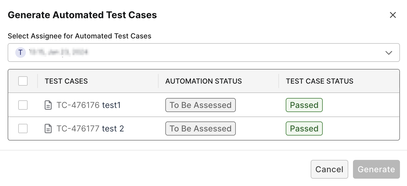 Generate automated test cases dialog