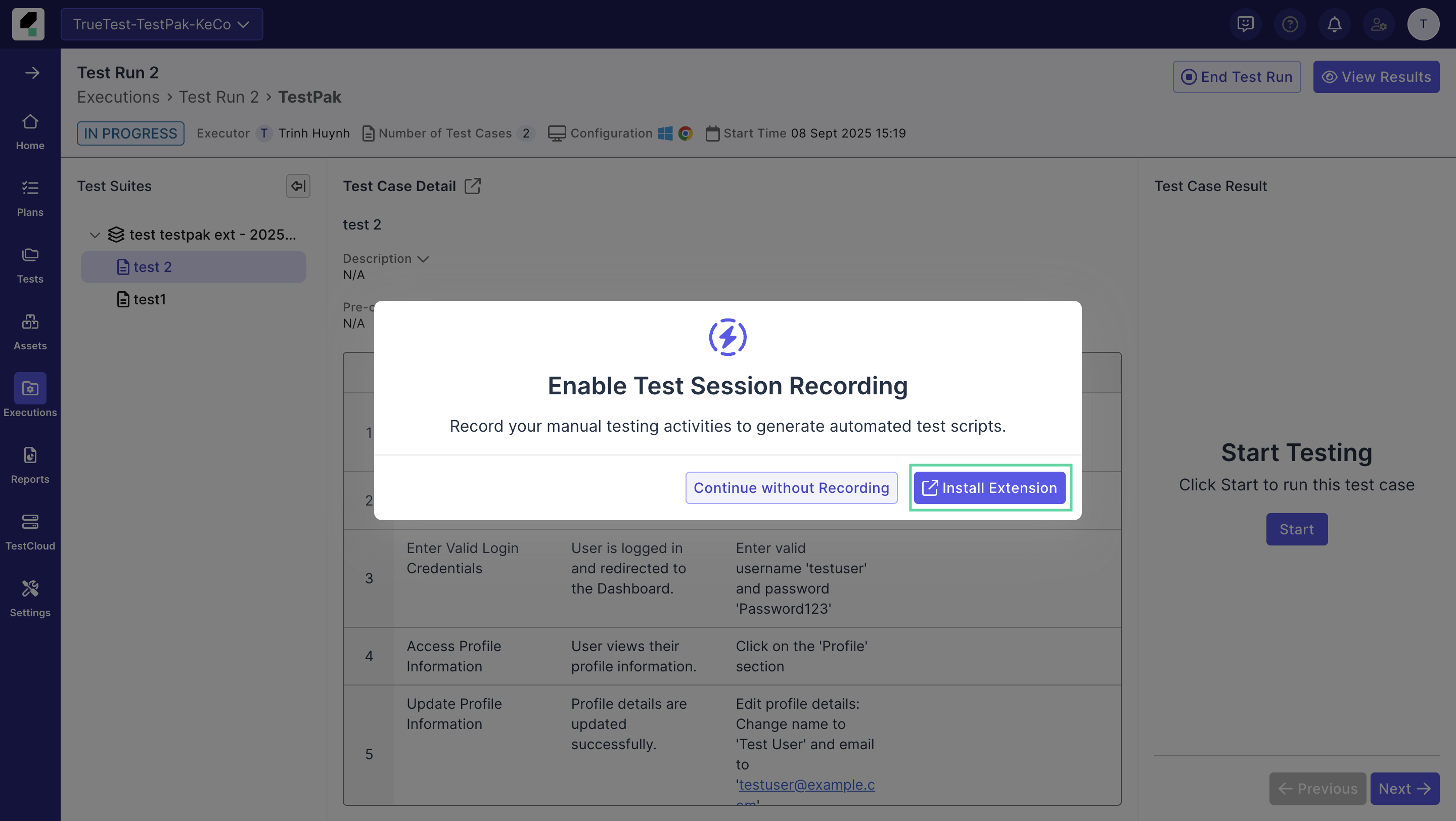 Install TestPak extension dialog