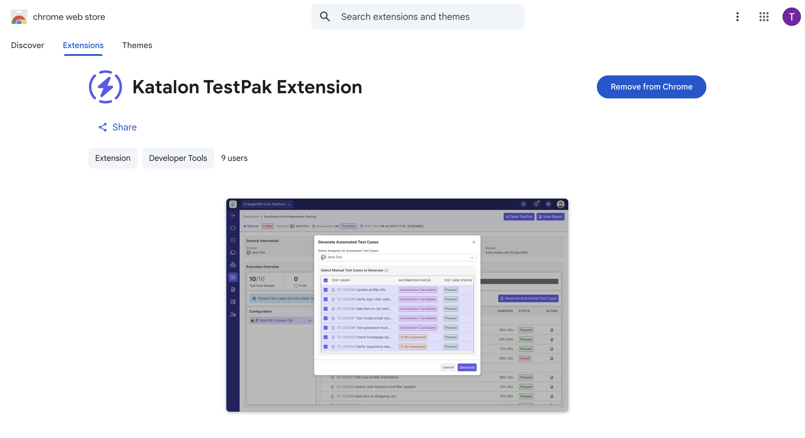 TestPak extension on Chrome Store