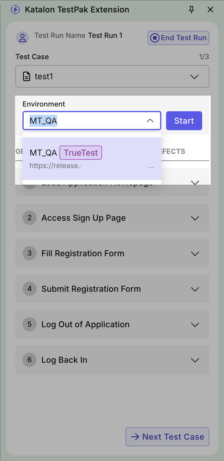 Select TrueTest environment