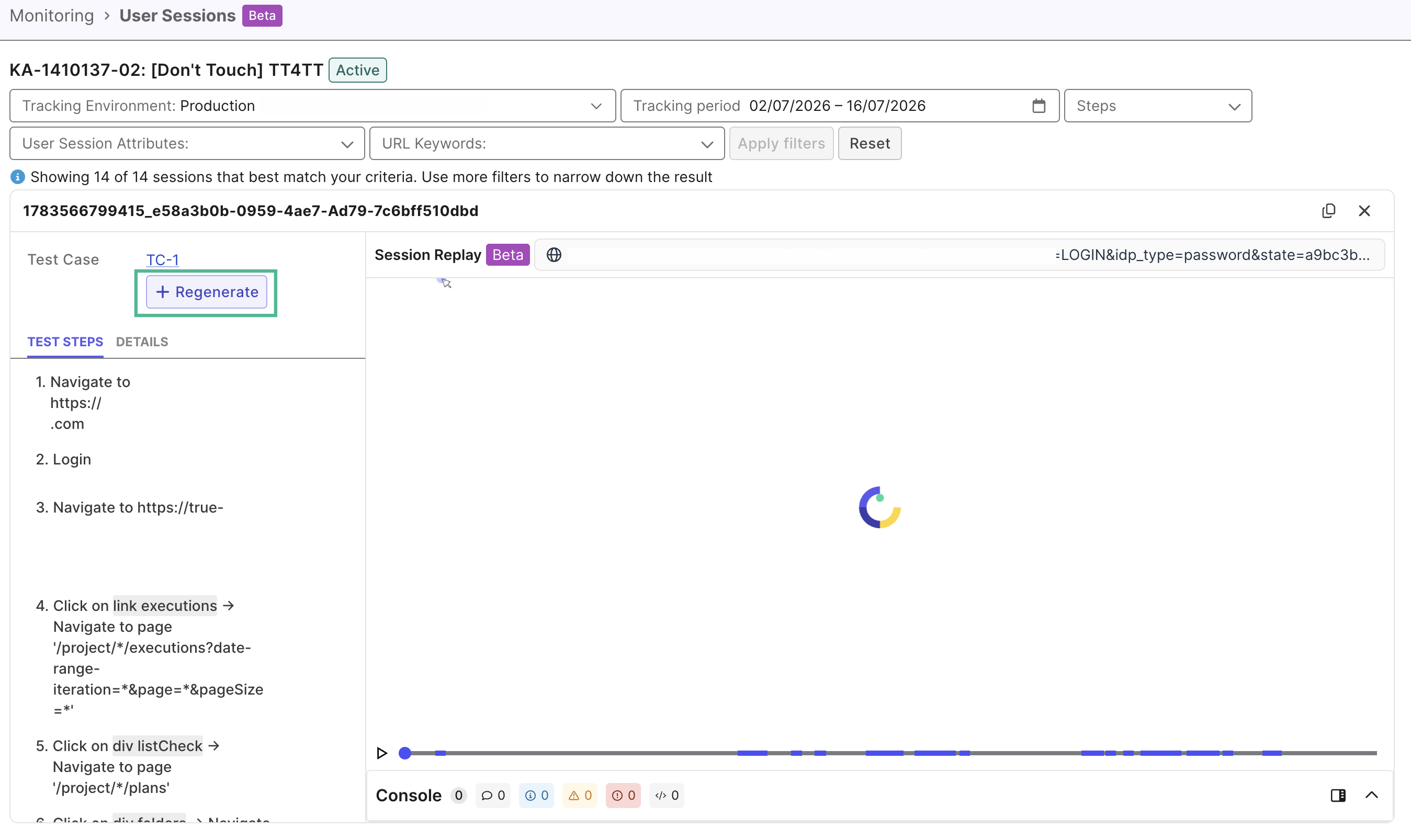 Regenerate a test case in user session