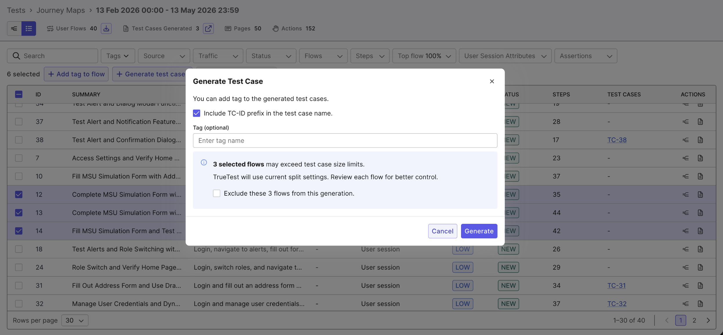 Generate Test Case dialog warning that selected flows may exceed size limits