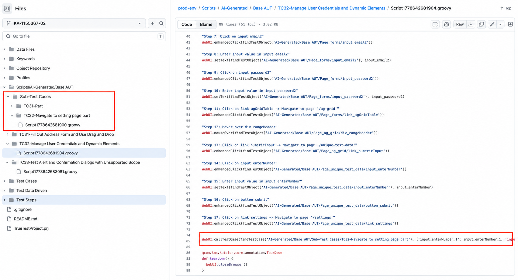 Generated Katalon Studio project showing Sub-Test Cases folder and parent callTestCase usage