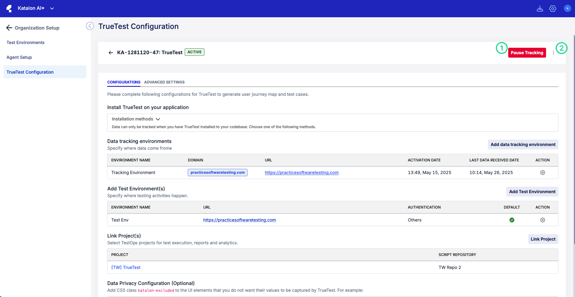 TrueTest Configuration page