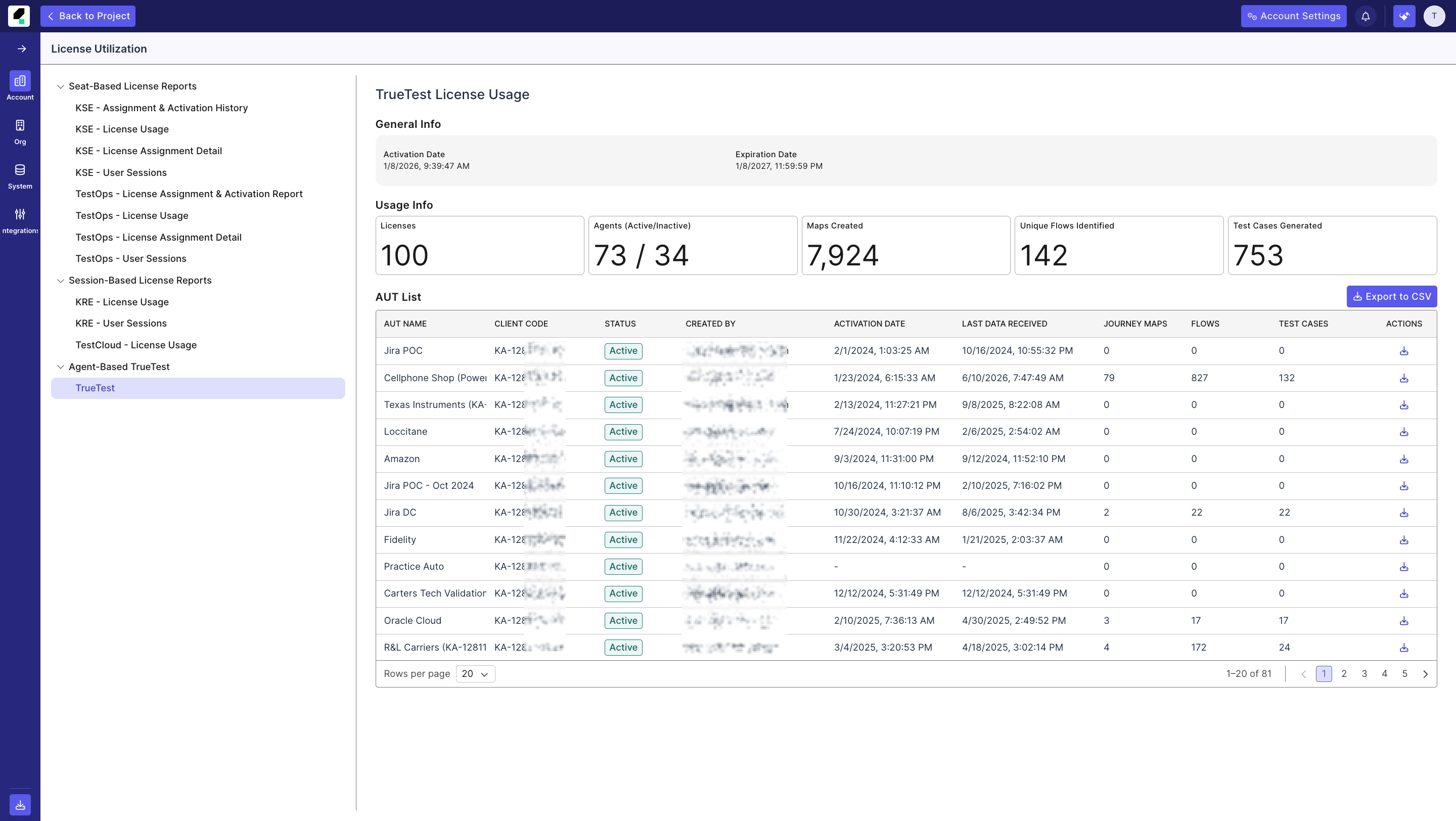 TrueTest license usage screen